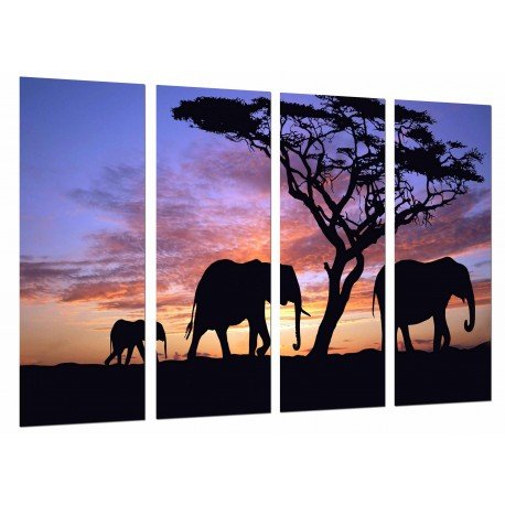 MULTI Wood Printings, Picture Wall Hanging, Sunset in the Desert, Animals, Elefants