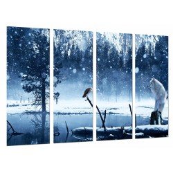 MULTI Wood Printings, Picture Wall Hanging, Lake Helado, Winter, Owl and Wolf Blanco