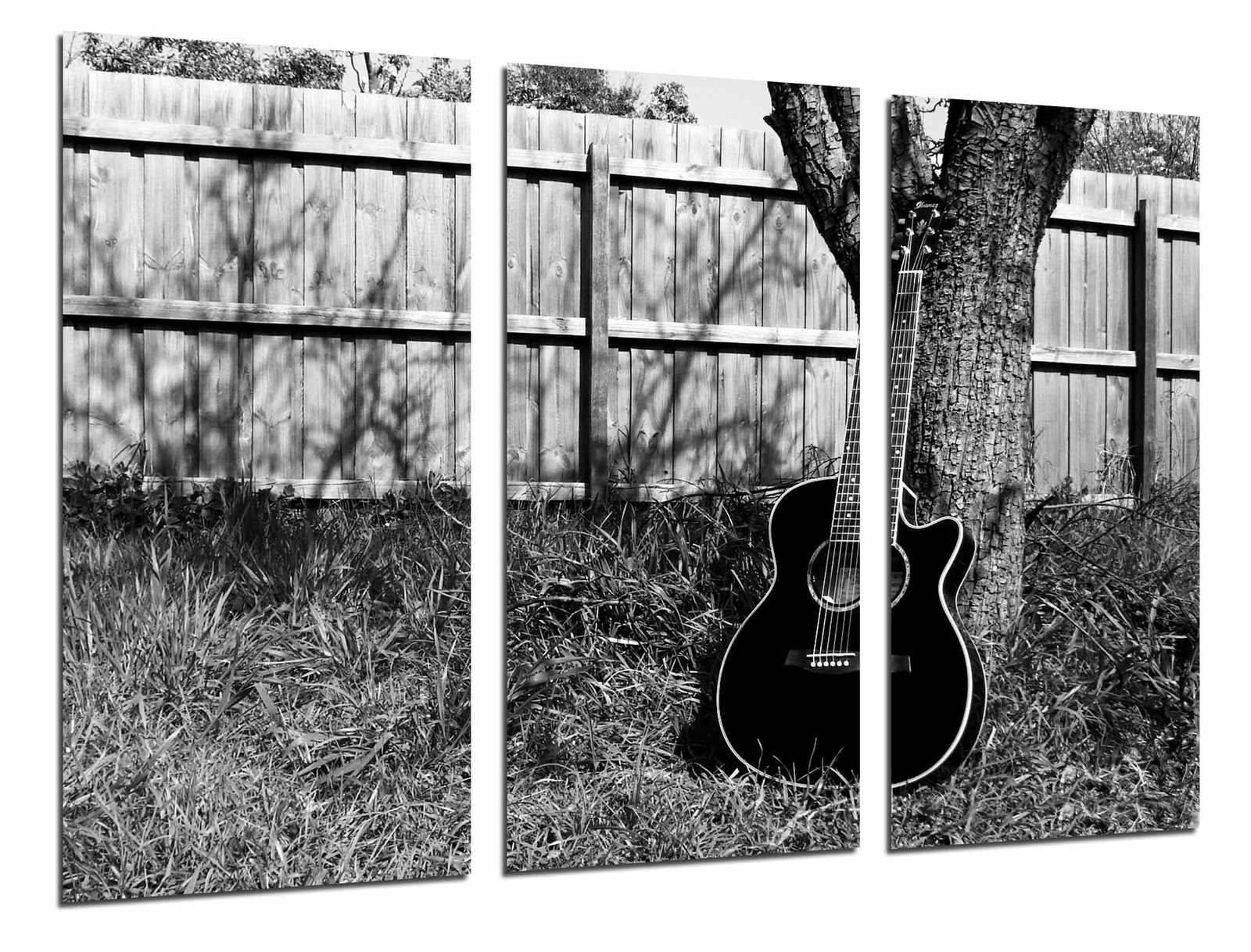 Cuadro Moderno Fotografico base madera, Guitarra en la Naturaleza, Blanco y  Negro Musica, Arboles, image size:1600x1218