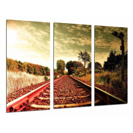 Cuadro Moderno Fotografico base madera, Paisaje Vias Tren vintage en Otono