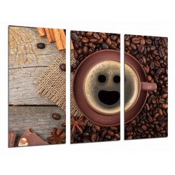 Cuadro Moderno Fotografico base madera, Cafeteria, Taza Sonrisa y Granos de Cafe