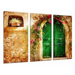 MULTI Wood Printings, Picture Wall Hanging, House Fantasy, Door Green  With Flowers