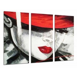 Cuadro Moderno Fotografico base madera, Mujer Sombrero y Labios Rojo, Pintura Nolstalgia