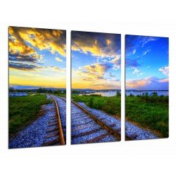 Cuadro Moderno Fotografico base madera, Paisaje Atardecer Natualeza, Vias de Tren