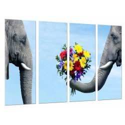 MULTI Wood Printings, Picture Wall Hanging, Romantic Couple of Elefants With Flowers, Animal