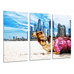 Cuadro Moderno Fotografico base madera, Paisaje Ciudad Dubai, Con Animal Camellos en el Desierto
