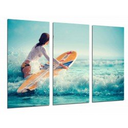 Cuadro Moderno Fotografico base madera, Mujer Surfista en el Mar, Deporte, Chica
