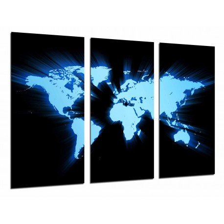 Cuadro Moderno Fotografico base madera, Mapa Mundi Azul y Negro, Mundo Ciudades y Paises