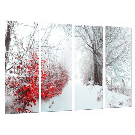 Cuadro Moderno Fotografico base madera, Invierno Blanco Toque Rojo Camino Nieve Bosque, Arbol