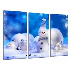 Cuadro Moderno Fotografico base madera, Navidena, Peluche Navidad Muneco Nieve, Azul y Blanco