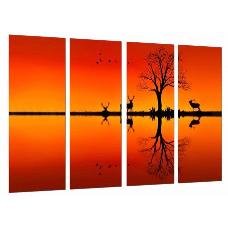 Cuadro Moderno Fotografico base madera, Naturaleza Lago Silueta Animal Ciervo aves Arbol, Naranja