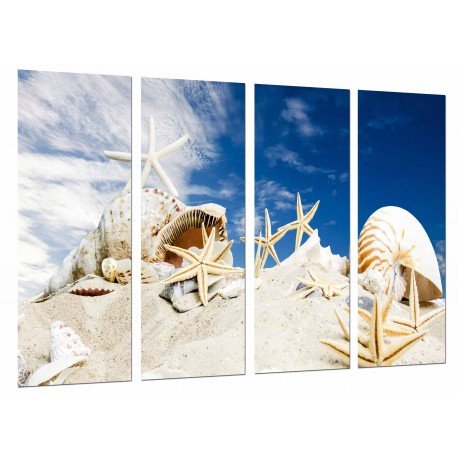 Cuadro Moderno Fotografico base madera, Playa Mar Cielo, Estrellas Conchas Sobre Arena