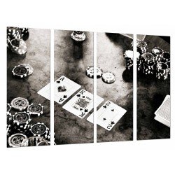 Cuadro Moderno Fotografico base madera, Juego Mesa, Casino, Cartas Poker, Fichas Blanco y Negro, Rey