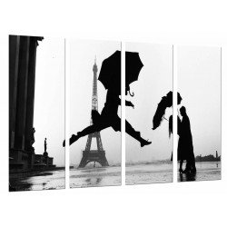 Cuadro Moderno Fotografico base madera, Ciudad Paris, Silueta Pareja Romantico Paraguas, Lluvia