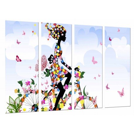 Cuadro Moderno Fotografico base madera, Primavera Chica Mujer Bici Flores, Mariposas Naturaleza