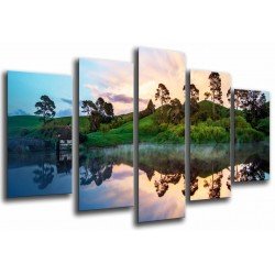 Cuadro Moderno Fotografico base madera, Paisaje Natural, Casa Junto a Lago, Bosque Reflejo Agua