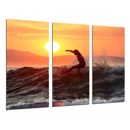 Cuadro Moderno Fotografico de madera, Deporte, Surf, ola, puesta de sol, silueta chica