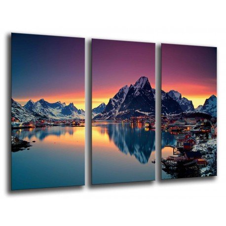 MULTI Wood Printings, Picture Wall Hanging, Landscape Lake Moskenes, Sunset, Norway