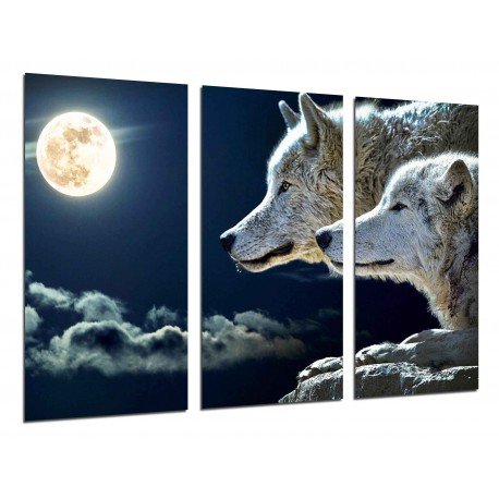 MULTI Wood Printings, Picture Wall Hanging, Wolfs With Full Moon in the Nature