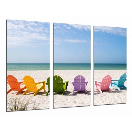 Cuadro Moderno Fotografico base madera, Playa Tumbonas de Colores, Mar, Vacaciones