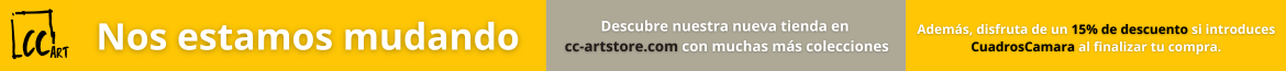 Banner informativo: CC-Art anuncia su mudanza desde cuadroscamara.com a cc-artstore.com, ofreciendo un 15% de descuento con el código CuadrosCamara